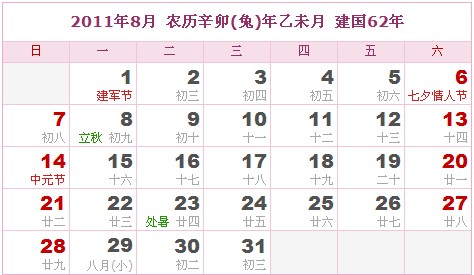 2011年日曆表 2011年農曆陽曆表_民俗預測
