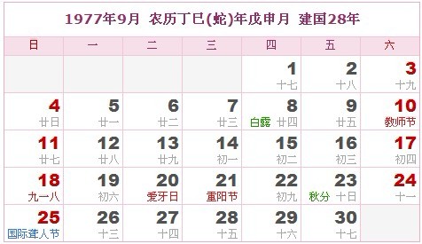 1977年日曆表 1977年農曆陽曆表_民俗預測