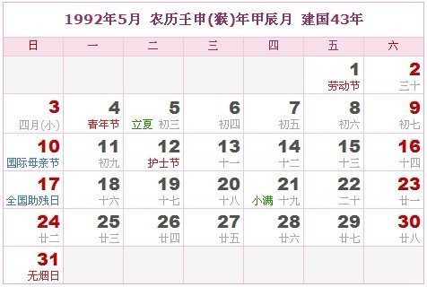 1992年日曆表 1992年農曆陽曆表_民俗預測