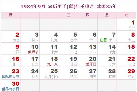 1984年日曆表 1984年農曆陽曆表_民俗預測