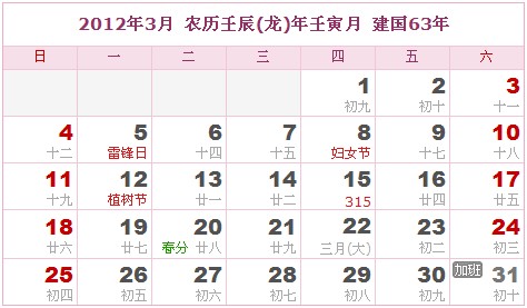 2012年日曆表 2012年農曆陽曆表_民俗預測
