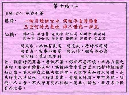 黃大仙靈簽 第十簽：中平簽 蘇秦不笫