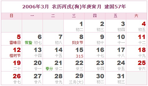 2006年日曆表 2006年農曆陽曆表_民俗預測
